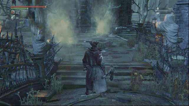You will be attacked right behind the bridge. - Old Yharnam | Walkthrough - Walkthrough - Bloodborne Game Guide & Walkthrough