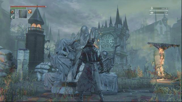 You may run away from the firing or hide yourself behind the sculpture. - Old Yharnam | Walkthrough - Walkthrough - Bloodborne Game Guide & Walkthrough