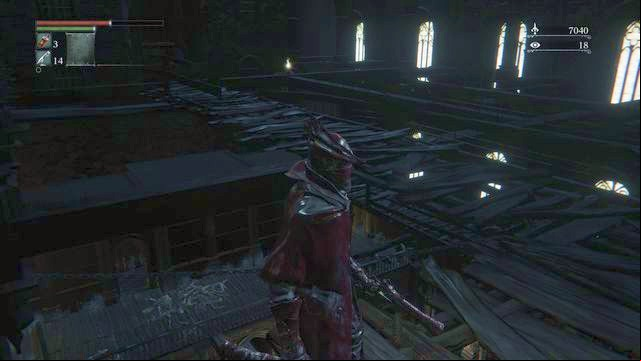 You may get to the main hall from upstairs however better watch out since it is easy to fall and break your neck. - Old Yharnam | Walkthrough - Walkthrough - Bloodborne Game Guide & Walkthrough