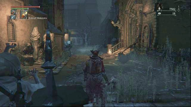 From the right side a beast will jump on you and unlock the entrance to the building. - Old Yharnam | Walkthrough - Walkthrough - Bloodborne Game Guide & Walkthrough