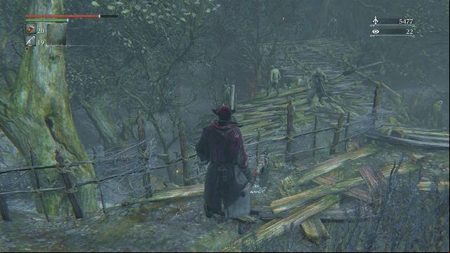 Behind the bonfire, you will reach the place that you can see on the screen - Forbidden Woods | Walkthrough - Walkthrough - Bloodborne Game Guide & Walkthrough