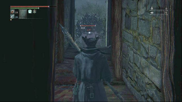 The opponent gets stuck In the ageway, which makes it easier for you to deal damage. - Forbidden Woods | Walkthrough - Walkthrough - Bloodborne Game Guide & Walkthrough