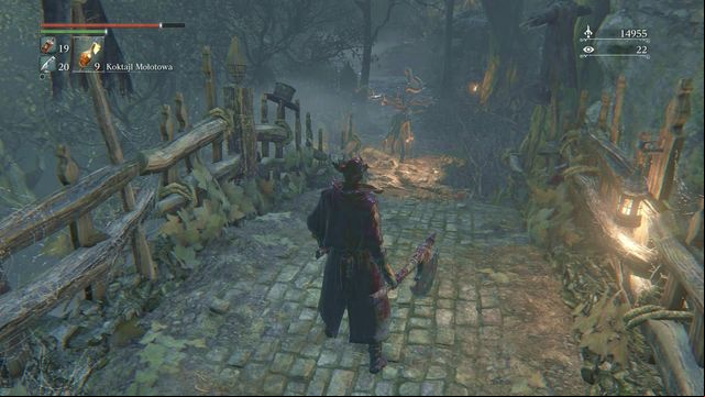 There is another enemy behind the bridge. Turn right and go up to unlock a shortcut. - Forbidden Woods | Walkthrough - Walkthrough - Bloodborne Game Guide & Walkthrough