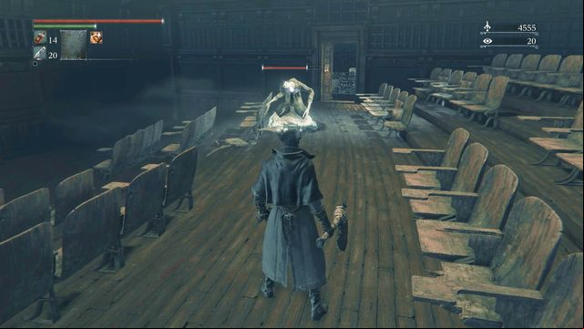 The enemy will jump down as soon as you enter the hall. - Lecture Building | Walkthrough - Walkthrough - Bloodborne Game Guide & Walkthrough