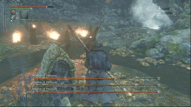 You can hide behind the tombstone to avoid the mage attacks. - Shadows of Yharnam | Boss Fights - Boss Fights - Bloodborne Game Guide & Walkthrough