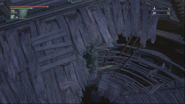 At the bottom of the Church Workshop, when standing on the main beam, you can jump down to the hidden location - Abandoned Old Workshop | Walkthrough - Walkthrough - Bloodborne Game Guide & Walkthrough