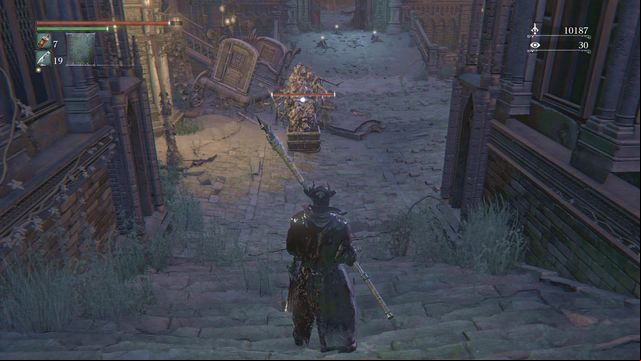 If you wait for a moment, enemy will turn his back to you. - Yahargul, Unseen Village - Yahargul Chapel | Walkthrough - Walkthrough - Bloodborne Game Guide & Walkthrough