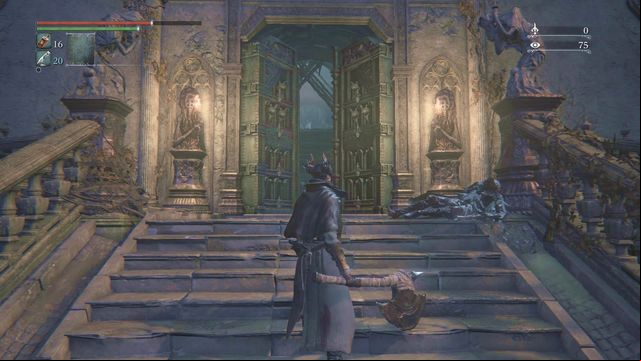 Eileen on the stairs in front of the Grand Cathedral. - Eileen | Side quests - Side quests - Bloodborne Game Guide & Walkthrough