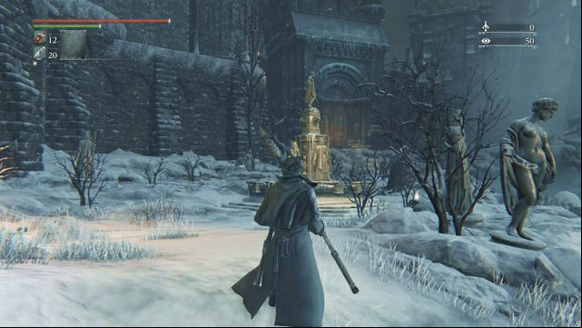 First enemies will attack you behind the fountain - mosquitoes. - Forsaken Castle Cainhurst | Walkthrough - Walkthrough - Bloodborne Game Guide & Walkthrough