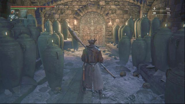 Closed door leading to Upper Cathedral Ward. - How to unlock the door to Upper Cathedral Ward in Bloodborne? | FAQ - FAQ - Bloodborne Game Guide & Walkthrough