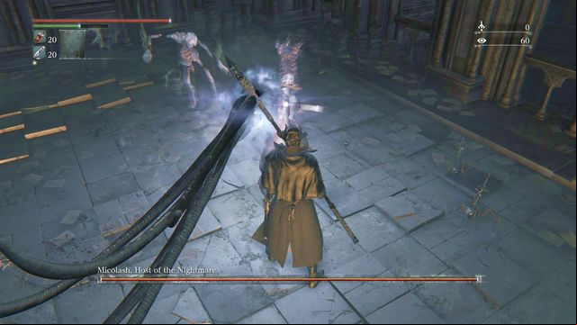 Most frequent and almost only attack used in first phase gives you a great chance for counterattack. - Micolash, Host of the Nightmare | Boss Fights - Boss Fights - Bloodborne Game Guide & Walkthrough