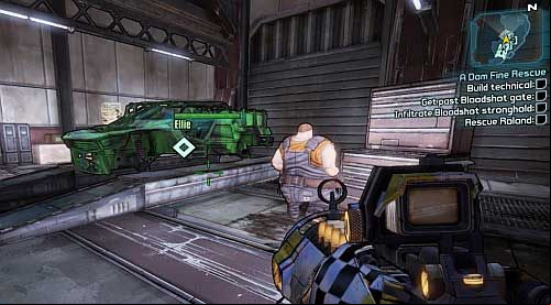 Speak to Ellie, approach the car wreck from the screenshot and press Use (by default E) - A Dam Fine Rescue | Main missions walkthrough for Borderlands 2 - Main missions - Borderlands 2 Game Guide
