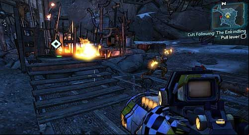 Once you reach the destination point, kill all the enemies around and use the lever shown in the screenshot - Cult Following: Eternal Flame | Sanctuary side missions in Borderlands 2 - Sanctuary - Borderlands 2 Game Guide