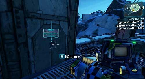 Once youre above, turn right and on the pillar you will find an ECHO Recorder - In Memoriam | Sanctuary side missions in Borderlands 2 - Sanctuary - Borderlands 2 Game Guide