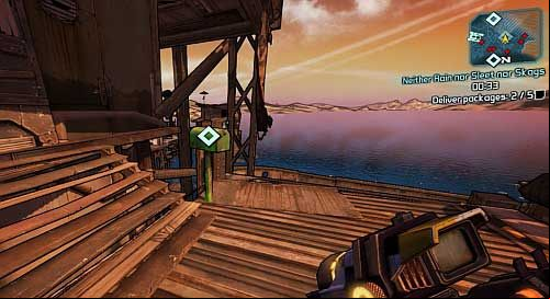 Some chests are found in the upper parts of the camp, accessible by stairs found somewhere around the building - Neither Rain nor Sleet nor Skags | Three Horns Valley missions in Borderlands 2 - Three Horns Valley - Borderlands 2 Game Guide