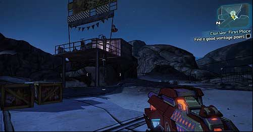Now return to the beginning of the bridge and climb the ladder to the vantage points shown in the above screenshot - Clan War: First Place | The Highlands side missions in Borderlands 2 - The Highlands - Borderlands 2 Game Guide