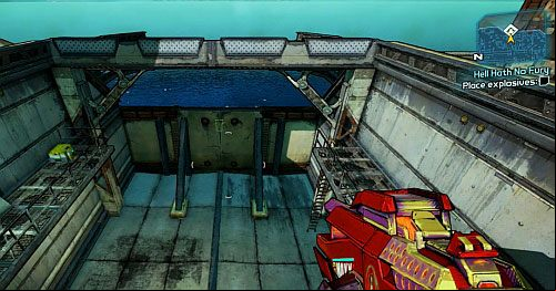 Head below and place the explosive on the dam (you need to jump and quickly press Use) - Hell Hath No Fury | Sanctuary part 3 side missions in Borderlands 2 - Sanctuary part 3 - Borderlands 2 Game Guide