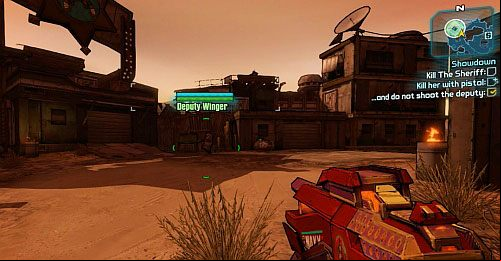 In order to gain additional experience, you would have to kill the Sheriff with a pistol and avoid shooting his Deputy shown in the above screenshot - Showdown | Lynchwood side missions in Borderlands 2 - Lynchwood - Borderlands 2 Game Guide