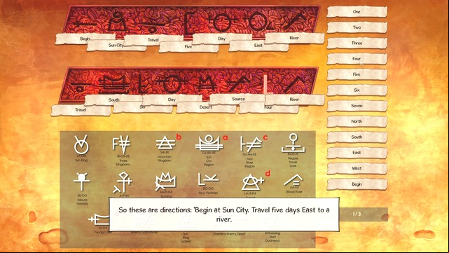 George reads out aloud the deciphered sentences. - George - Santa Cova Cave - Montserrat - Broken Sword: The Serpents Curse - Game Guide and Walkthrough