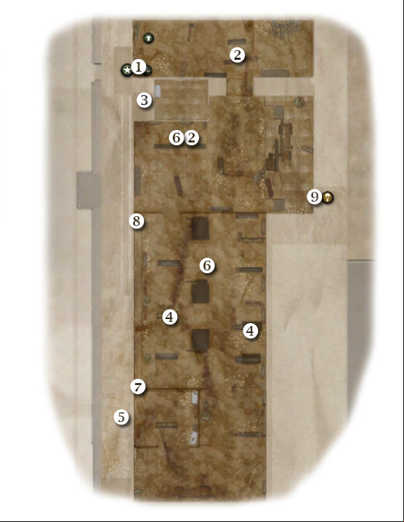 Map legend: 1 - starting area - Chapter 5: Operation Garden - FIRST ASSIGNMENT:br Secure the ground floor - part 1 - Chapter 5: Operation Garden - Brothers in Arms: Hells Highway - Game Guide and Walkthrough