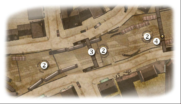 Map legend: 1 - starting area - Chapter 5: Operation Garden - FIFTH ASSIGNMENT:br Destroy the 88's - Chapter 5: Operation Garden - Brothers in Arms: Hells Highway - Game Guide and Walkthrough
