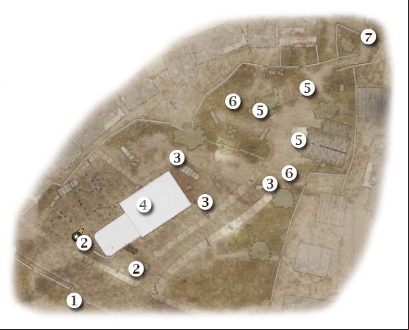 Map legend: 1 - starting area - Chapter 6: Baptism of Fire - FIRST ASSIGNMENT:br Rendezvous with 2nd squad - part 2 - Chapter 6: Baptism of Fire - Brothers in Arms: Hells Highway - Game Guide and Walkthrough