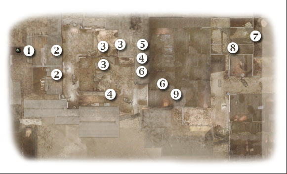 Map legend: 1 - starting area - Chapter 6: Baptism of Fire - THIRD ASSIGNMENT:br Fight through the debris - part 1 - Chapter 6: Baptism of Fire - Brothers in Arms: Hells Highway - Game Guide and Walkthrough