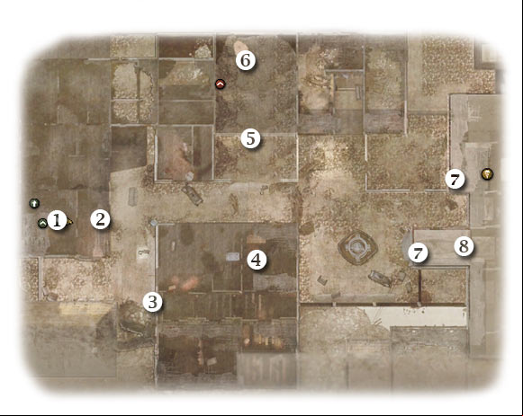 Map legend: 1 - starting area - Chapter 6: Baptism of Fire - THIRD ASSIGNMENT:br Fight through the debris - part 2 - Chapter 6: Baptism of Fire - Brothers in Arms: Hells Highway - Game Guide and Walkthrough