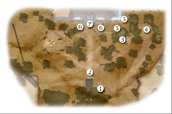 Map legend: 1 - starting area - Chapter 7: The Rabbit Hole - FIRST ASSIGNMENT:br Eliminate German patrols - Chapter 7: The Rabbit Hole - Brothers in Arms: Hells Highway - Game Guide and Walkthrough