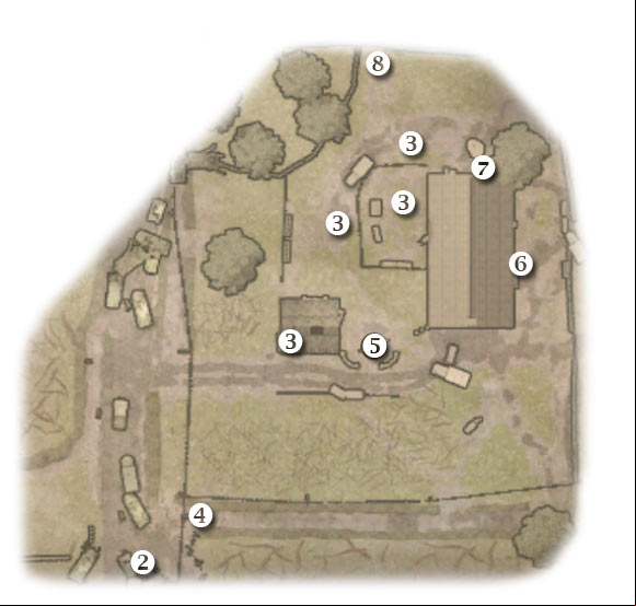 Map legend: 1 - starting area - Chapter 9: Hell's Highway - FIRST ASSIGNMENT:br Destroy the 88 - part 1 - Chapter 9: Hell's Highway - Brothers in Arms: Hells Highway - Game Guide and Walkthrough