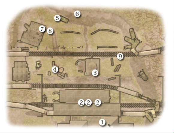 Map legend: 1 - starting area - Chapter 9: Hell's Highway - SIXTH ASSIGNMENT:br Defend the trainyard - part 1 - Chapter 9: Hell's Highway - Brothers in Arms: Hells Highway - Game Guide and Walkthrough