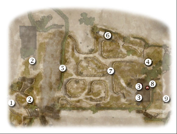 Map legend: 1 - starting area - Chapter 10: Tooth and Nail - FIRST ASSIGNMENT:br Destroy the 4 88's - part 4 - Chapter 10: Tooth and Nail - Brothers in Arms: Hells Highway - Game Guide and Walkthrough