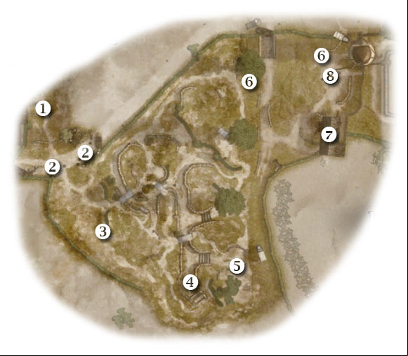 Map legend: 1 - starting area - Chapter 10: Tooth and Nail - FIRST ASSIGNMENT:br Destroy the 4 88's - part 5 - Chapter 10: Tooth and Nail - Brothers in Arms: Hells Highway - Game Guide and Walkthrough