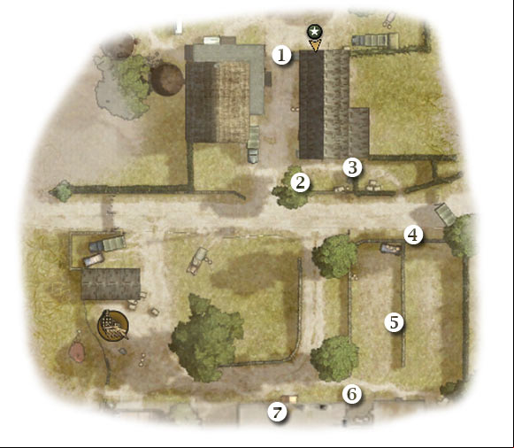Map legend: 1 - starting area - Chapter 2: Operation Market - FOURTH ASSIGNMENT:br Clear Germans from farmhouse - Chapter 2: Operation Market - Brothers in Arms: Hells Highway - Game Guide and Walkthrough