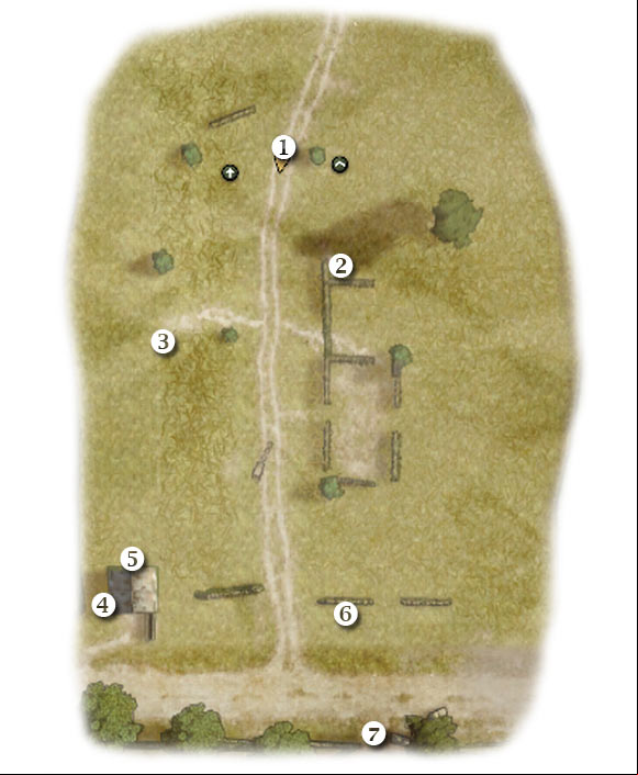 Map legend: 1 - starting area - Chapter 2: Operation Market - SEVENTH ASSIGNMENT:br Defend glider crash site - part 1 - Chapter 2: Operation Market - Brothers in Arms: Hells Highway - Game Guide and Walkthrough