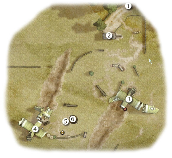 Map legend: 1 - starting area - Chapter 2: Operation Market - SEVENTH ASSIGNMENT:br Defend glider crash site - part 2 - Chapter 2: Operation Market - Brothers in Arms: Hells Highway - Game Guide and Walkthrough