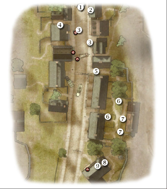 Map legend: 1 - starting area - Chapter 3: Five-Oh-Sink - FIFTH ASSIGNMENT:br Rendezvous with Hartsock - part 2 - Chapter 3: Five-Oh-Sink - Brothers in Arms: Hells Highway - Game Guide and Walkthrough