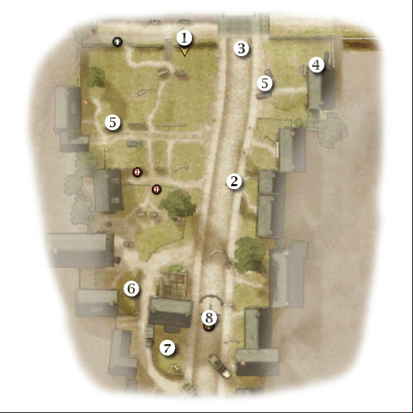 Map legend: 1 - starting area - Chapter 3: Five-Oh-Sink - SIXTH ASSIGNMENT:br Destroy the 88 - Chapter 3: Five-Oh-Sink - Brothers in Arms: Hells Highway - Game Guide and Walkthrough