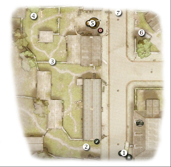 Map legend: 1 - starting area - Chapter 4: Written in Stone - SIXTH ASSIGNMENT:br Destroy the Kloosterdreef 88 - Chapter 4: Written in Stone - Brothers in Arms: Hells Highway - Game Guide and Walkthrough