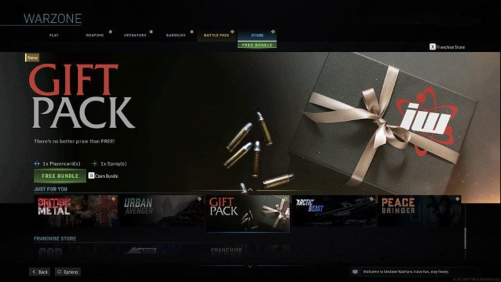 The game informs you about receiving a free bundle in Call of Duty Warzone, by displaying information in the game lobby, right under the store tab - Warzone: Store - COD Points, battle , free gift pack - Basics - Warzone Guide