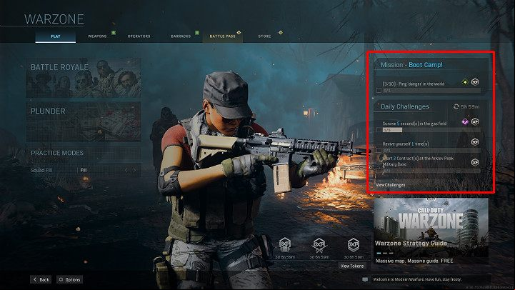 The current main mission and three available daily tasks are visible in the main menu on the right - Warzone: Level up - how to quickly earn experience? - Basics - Warzone Guide