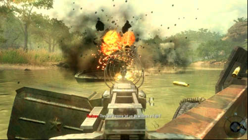 quickly go to the heavy machinegun on the right starboard, mount it and start shooting at the boat that is sailing nearby (picture above) - Mission 01: PYRRHIC VICTORY | Missions: Walkthrough - Missions: Walkthrough - Call of Duty: Black Ops II Game Guide & Walkthrough
