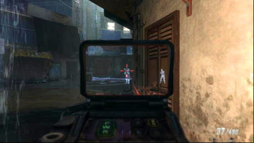 After eliminating the targets on the balconies, hide on the right side of the street, in one of the garages, and then lean out to the left and clear the area around the big gate - Mission 05: FALLEN ANGEL | Missions: Walkthrough - Missions: Walkthrough - Call of Duty: Black Ops II Game Guide & Walkthrough