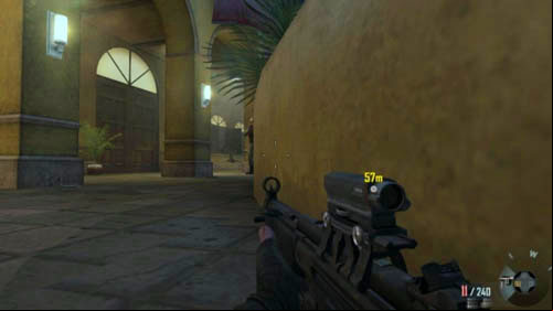 When you have cleared the area of enemies a little, get on your feet and sprint behind the oval pot on the left - Mission 07: SUFFER WITH ME | Missions: Walkthrough - Missions: Walkthrough - Call of Duty: Black Ops II Game Guide & Walkthrough
