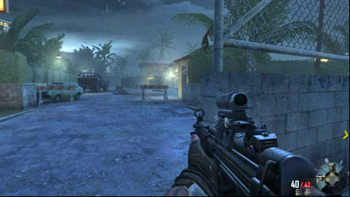 If youre using the gun and you are not able to reach any opponent, get off of the car and quickly run up to Mason, who is behind the boxes on the left - Mission 07: SUFFER WITH ME | Missions: Walkthrough - Missions: Walkthrough - Call of Duty: Black Ops II Game Guide & Walkthrough