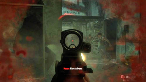 As soon as you regain control over the character, immediately start to shoot at the enemies in the opposite corridor (picture above) and at the same time keep moving left to hide - Mission 07: SUFFER WITH ME | Missions: Walkthrough - Missions: Walkthrough - Call of Duty: Black Ops II Game Guide & Walkthrough