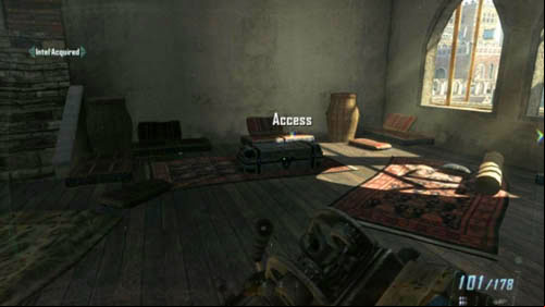 When you get to the abovementioned entrance, quickly turn right and then immediately left, to the stairs leading to the second floor of the tower - Mission 08: ACHILLES VEIL | Missions: Walkthrough - Missions: Walkthrough - Call of Duty: Black Ops II Game Guide & Walkthrough