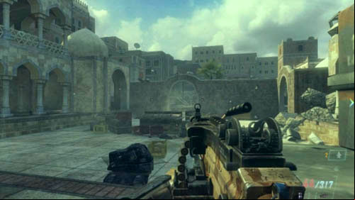 You will come out to a small courtyard that will be swarming with enemy soldiers in a moment - Mission 08: ACHILLES VEIL | Missions: Walkthrough - Missions: Walkthrough - Call of Duty: Black Ops II Game Guide & Walkthrough
