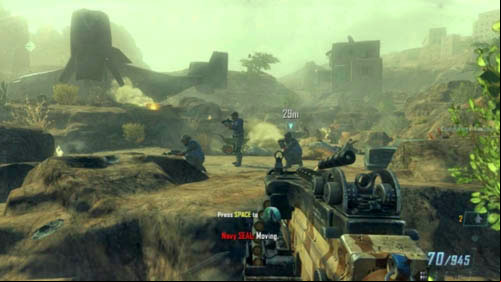 Go through the gate and flatten yourself against the rock, then climb the stairs on the left - Mission 08: ACHILLES VEIL | Missions: Walkthrough - Missions: Walkthrough - Call of Duty: Black Ops II Game Guide & Walkthrough