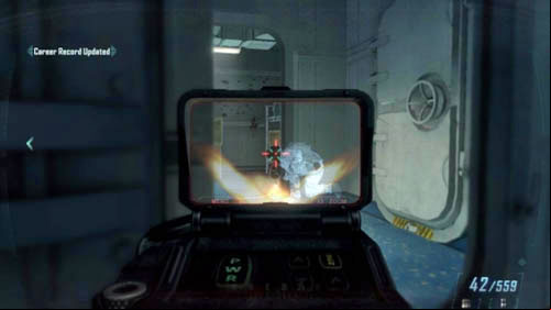 Wait until a new opponent runs inside, kill him and then quickly kill the single enemy, who remained in one of the cabins on the right (picture above) - Mission 09: ODYSSEUS | Missions: Walkthrough - Missions: Walkthrough - Call of Duty: Black Ops II Game Guide & Walkthrough